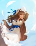  1girl absurdres animal_ear_fluff animal_ears arm_up armpits artist_request blue_sky blurry blurry_foreground breasts brown_hair cat_ears commission day depth_of_field dress feathers from_below hat hat_ribbon highres huge_breasts long_dress long_hair orange_eyes original outdoors ribbon second-party_source sidelocks sky solo sun_hat sundress white_dress 