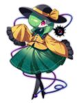  1girl bangs black_headwear black_legwear bob_cut buttons closed_mouth colored_skin commentary cosplay flat_chest frilled_shirt frilled_shirt_collar frilled_sleeves frills full_body gardevoir gen_3_pokemon green_hair green_skirt hair_over_one_eye hat hat_ribbon heart highres komeiji_koishi komeiji_koishi_(cosplay) long_sleeves lotosu orange_ribbon orange_shirt outline pantyhose pokemon pokemon_(creature) red_eyes ribbon shiny shiny_hair shirt short_hair simple_background skirt sleeves_past_fingers sleeves_past_wrists solo standing third_eye touhou white_background white_skin 