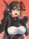  1girl bangs black_gloves black_hair blush breasts claw_pose eyelashes gloves hair_between_eyes headgear highres kantai_collection large_breasts long_hair machi_(ritovoyage) mask mask_on_head nagato_(kancolle) oni_mask open_mouth partially_fingerless_gloves red_background remodel_(kantai_collection) setsubun simple_background solo upper_body 