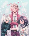  1boy 2girls ahoge antenna_hair bangs barbed_wire belt black_belt black_choker black_scarf blush buttons checkered checkered_neckwear checkered_scarf cheer_(cheerkitty14) choker collarbone collared_shirt crossed_arms dangan_ronpa_(series) dangan_ronpa_v3:_killing_harmony double-breasted dress_shirt flying_sweatdrops genderswap genderswap_(ftm) genderswap_(mtf) goggles goggles_on_head green_background grey_eyes grey_hair hand_up heart highres iruma_miu jacket keebo long_sleeves male_focus multiple_girls necktie notice_lines o-ring open_mouth ouma_kokichi pants pink_jacket pink_pants pointing_at_another power_armor scarf shirt straitjacket upper_teeth white_scarf white_shirt 