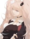  1girl alternate_costume bangs bear_hair_ornament black_choker black_shirt blonde_hair blue_eyes bow breasts choker dangan_ronpa:_trigger_happy_havoc dangan_ronpa_(series) enoshima_junko grin hair_ornament highres jiyeon_(u1bckjb) long_hair long_sleeves looking_at_viewer monokuma red_bow red_nails shirt simple_background skirt smile solo stuffed_animal stuffed_toy teddy_bear twintails very_long_hair white_background 