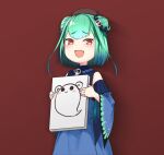  1girl :&gt; beret blue_dress blue_hair canvas_(object) detached_sleeves double_bun drawing dress fang gradient_hair green_hair hair_ornament hat highres hololive multicolored_hair open_mouth red_background red_eyes skull_hair_ornament smile solo tenbin_gashira uruha_rushia virtual_youtuber wide_sleeves 