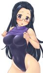  1girl aimobake bad_id bad_twitter_id bespectacled black_hair black_swimsuit breasts clothes_lift commentary_request covered_navel cowboy_shot egami_tsubaki glasses head_tilt highleg highleg_swimsuit highres idolmaster idolmaster_cinderella_girls large_breasts lifted_by_self long_hair looking_at_viewer one-piece_swimsuit open_mouth purple_shirt red-framed_eyewear semi-rimless_eyewear shirt shirt_lift simple_background solo standing swimsuit turtleneck under-rim_eyewear violet_eyes white_background 