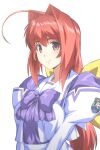  1girl ahoge bangs bow bowtie closed_mouth commentary_request eyebrows_visible_through_hair hair_bow hair_intakes juliet_sleeves kagami_sumika long_hair long_sleeves looking_at_viewer low_ponytail muvluv otoo_(izanagi) puffy_sleeves purple_bow purple_neckwear red_eyes redhead revision school_uniform serafuku shiny shiny_clothes shiny_hair sidelocks sideways_glance simple_background smile solo upper_body white_background yellow_bow 