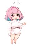  1girl ahoge bangs blue_hair blush breasts chibi eyebrows_visible_through_hair fang full_body hair_intakes idolmaster idolmaster_cinderella_girls long_sleeves looking_at_viewer moru_(monaka) multicolored_hair no_nose no_pants open_mouth pink_eyes pink_hair ribbed_sweater simple_background skin_fang sleeves_past_wrists solo standing sweater tareme thick_thighs thighs two-tone_hair white_background yumemi_riamu 