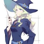  1girl bangs black_neckwear blonde_hair blue_eyes blue_headwear blue_robe breasts collared_shirt commentary_request diana_cavendish eyebrows_visible_through_hair green_hair hand_up hat highres holding holding_wand hood hood_down hooded_robe little_witch_academia long_hair long_sleeves looking_away multicolored_hair necktie shirt small_breasts solo streaked_hair tama_(tama-s) upper_body v-shaped_eyebrows wand white_background white_shirt wide_sleeves witch_hat 