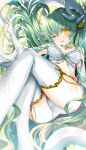  1girl bra breasts dragon_girl dragon_horns elbow_gloves fate/grand_order fate_(series) gloves green_hair highres horns kiyohime_(fate) large_breasts morizono_shiki multiple_horns one_eye_closed panties solo thigh-highs underwear underwear_only white_bra white_gloves white_legwear white_panties yellow_eyes 