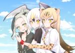  bird_girl bird_wings black-tailed_gull_(kemono_friends) black_hair black_sleeves blonde_hair blush bow bowtie brown_hair cheetah_(kemono_friends) cheetah_ears cheetah_girl cheetah_print collared_shirt elbow_gloves eyebrows_visible_through_hair fangs girl_sandwich gloves green_eyes green_hair green_jacket hair_between_eyes head_wings high_collar jacket kemono_friends kuromitsu_(9633_kmfr) lizard_girl long_hair long_sleeves multicolored_hair necktie open_clothes open_jacket open_mouth pink_neckwear print_gloves print_neckwear redhead sailor_collar saltwater_crocodile_(kemono_friends) sandwiched shirt short_hair short_sleeves t-shirt white_shirt wings yellow_eyes 