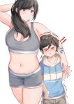  1boy 1girl aarc age_difference breasts child commentary curvy hetero highres large_breasts navel original plump sports_bra stomach 