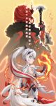  2girls absurdres back bangs blue_eyes closed_mouth earrings fire flaming_hand hair_between_eyes hair_ornament highres holding holding_sword holding_weapon honkai_(series) honkai_impact_3rd jewelry kiana_kaslana kiana_kaslana_(herrscher_of_flamescion) long_hair looking_at_viewer looking_back multiple_girls murata_himeko murata_himeko_(vermillion_knight) ponytail qi_mayi_qu_kan_dahai redhead sword weapon white_hair 