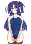  1girl absurdres arms_behind_back ass_visible_through_thighs black_legwear blue_archive blue_eyes blue_hair blue_swimsuit collarbone competition_swimsuit cowboy_shot groin hair_ribbon hibika highleg highleg_swimsuit highres long_hair looking_at_viewer one-piece_swimsuit ribbon simple_background solo standing swimsuit thigh-highs twintails two_side_up white_background wide_hips yuuka_(blue_archive) 