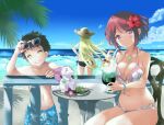  1boy 2girls alternate_costume beach bikini blonde_hair chest_jewel highres mythra_(xenoblade) navel pyra_(xenoblade) red_eyes redhead rex_(xenoblade) shiroxai swimsuit water xenoblade_chronicles_(series) xenoblade_chronicles_2 