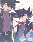  1boy aoki_(fumomo) bangs black_coat black_hair black_pants clenched_teeth coat duel_academy_uniform_(yu-gi-oh!_gx) duel_disk hair_between_eyes high_collar long_sleeves male_focus manjoume_jun multiple_views one_eye_closed open_mouth pants purple_shirt shirt simple_background spiky_hair sweat teeth yu-gi-oh! yu-gi-oh!_gx 