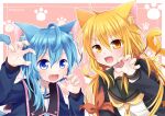  2girls animal_ears aqua_hair asymmetrical_hair bangs black_sailor_collar blonde_hair blush cat_ears cat_girl cat_tail claw_pose commission fang hair_between_eyes kantai_collection long_hair long_sleeves low_twintails minazuki_(kancolle) multiple_girls nagasioo open_mouth paw_print remodel_(kantai_collection) sailor_collar satsuki_(kancolle) school_uniform serafuku short_hair simple_background skeb_commission tail twintails twitter_username upper_body yellow_eyes yellow_neckwear 