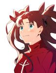  1girl blush breasts brown_hair closed_mouth collared_shirt cross_print crying crying_with_eyes_open fate/stay_night fate_(series) green_eyes hal_(haaaalhal) highres long_hair looking_to_the_side shirt solo tears tohsaka_rin two_side_up upper_body white_background 