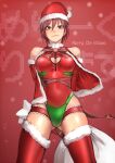  1girl ass_visible_through_thighs bare_shoulders brown_eyes brown_hair christmas cleavage_cutout closed_mouth clothing_cutout cowboy_shot elbow_gloves fur-trimmed_headwear fur-trimmed_legwear fur_trim gloves hair_between_eyes hat heart_cutout highres holding holding_sack kilye_kairi leotard looking_at_viewer merry_christmas open_clothes open_vest original red_gloves red_legwear red_leotard red_theme red_vest sack santa_hat smile solo thigh-highs vest 