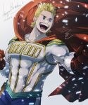  1boy blonde_hair blue_eyes bodysuit boku_no_hero_academia cape covered_abs gloves happy_birthday highres light_particles mahoubin_(totemo_hot_dayo) male_focus open_mouth pectorals red_cape red_gloves short_hair sideburns smile solo spiky_hair teeth togata_mirio toned toned_male tongue upper_body white_bodysuit wind 