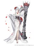  1girl asymmetrical_bangs bangs blood bloody_clothes corset dress elbow_gloves flower full_body gloves grey_eyes grey_hair hair_flower hair_ornament harp high_heels instrument ji_no looking_at_viewer official_art petals rose sinoalice snow_white_(sinoalice) solo square_enix white_background white_dress white_gloves 