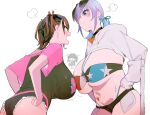  3girls ass asymmetrical_docking bikini black_hair blue_eyes blue_hair breast_contest breast_press breasts character_request closed_mouth commentary_request hands_on_hips huge_breasts ikuchan_kaoru ikuchan_kaoru_(character) indie_virtual_youtuber looking_at_another multicolored_hair multiple_girls navel open_mouth original pout print_bikini purple_hair redhead shrug_(clothing) simple_background star_(symbol) star_print star_tattoo stomach_tattoo swimsuit tattoo two-tone_hair virtual_youtuber white_background 