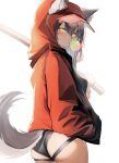  1girl absurdres animal_ears arknights ass blush brown_hair chewing_gum commentary eyebrows_visible_through_hair hair_between_eyes highres holding hood long_hair long_sleeves looking_at_viewer projekt_red_(arknights) red_hood simple_background solo tab_head tail white_background yellow_eyes 