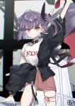  1girl arm_up bangs belt black_jacket braid chibirisu choker chromatic_aberration english_text foot_out_of_frame hair_ornament highres jacket jacket_partially_removed long_sleeves nail_polish one_side_up pink_skirt purple_hair red_eyes red_nails shirt shoes short_hair signature skirt solo tenjin_kotone tenjin_kotone_(channel) virtual_youtuber white_shirt 