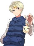  1boy animal_crossing black_eyes blonde_hair closed_mouth coin_purse earrings fingernails hand_in_pocket highres jewelry marshal_(animal_crossing) multicolored_hair odyssey_21 personification pouch signature simple_background single_earring solo streaked_hair white_background 