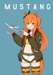  1girl aircraft airplane american_flag animal_ears artist_name atamonica blush dated highres horse_ears horse_girl looking_at_viewer mayano_top_gun_(umamusume) military navel open_mouth orange_hair p-51_mustang pointing shorts tail thigh-highs twintails two_side_up umamusume 