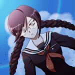  1girl bangs black_hair black_serafuku braid breasts closed_mouth collarbone commentary_request dangan_ronpa:_trigger_happy_havoc dangan_ronpa_(series) day dutch_angle eyebrows_visible_through_hair fukawa_touko glasses long_hair long_sleeves looking_at_viewer medium_breasts mole mole_under_mouth neckerchief pointy_ears purple_hair sailor_collar school_uniform serafuku solo tansug_(tansuk88) twin_braids upper_body 