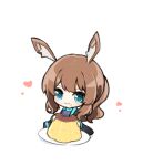  1girl :3 amiya_(arknights) animal_ears arknights blue_eyes brown_hair chibi commentary danble eating food happy heart long_hair oversized_food plate pudding rabbit_ears simple_background sitting solo symbol_commentary white_background 