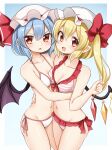  2girls asymmetrical_docking bat_wings bikini blonde_hair blue_hair breast_press fang flandre_scarlet highres medium_hair multiple_girls one_side_up red_eyes remilia_scarlet short_hair siblings simple_background sisters suwa_yasai swimsuit symmetrical_docking touhou wings 