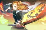  1boy black_jacket blonde_hair cape closed_mouth colored_tips fire flame flaming_sword flaming_weapon floating_hair gakuran highres holding holding_sword holding_weapon jacket kimetsu_no_yaiba long_hair looking_at_viewer male_focus multicolored_hair orange_hair rengoku_kyoujurou rice-lee school_uniform solo sparks sword thick_eyebrows weapon white_cape yellow_eyes 