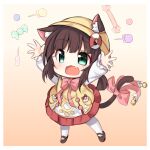  1girl absurdres animal_ear_fluff animal_ears arms_up azur_lane bell brown_footwear brown_hair candy cat_ears cat_girl cat_tail chibi child fang food full_body green_eyes hat highres jingle_bell kinomiki_(tales22) lollipop low_twintails mutsuki_(azur_lane) open_mouth pantyhose red_skirt ribbon shirt shoes short_hair short_twintails skirt smile solo tail tail_ornament tail_ribbon twintails white_legwear white_shirt yellow_headwear yellow_shirt 