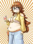  1girl :q bangs bare_shoulders black-framed_eyewear blue_pants bow bra breasts brooch brown_eyes brown_hair bubble_tea closed_mouth clothing_cutout commentary_request crop_top drink eyebrows_visible_through_hair fate/extra fate/extra_ccc fate_(series) feet_out_of_frame glasses hair_bow highres holding holding_drink jewelry jinako_carigiri long_hair long_sleeves looking_at_viewer midriff muffin_top navel off_shoulder pants plump puffy_sleeves ring shigekikkusu shoulder_cutout signature solo striped striped_background tongue tongue_out underwear very_long_hair white_background white_bra 