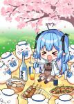  &gt;_&lt; 1girl 6+others :3 :d =_= absurdres ahoge alcohol arm_support beer_can blue_hair blush_stickers can cherry_blossoms chibi cup drinking_glass food_request hair_ribbon heart heart_ahoge highres hololive liquor long_hair multiple_others outdoors picnic ribbon sitting smile tree uehiro virtual_youtuber xd yukihana_lamy yukimin_(yukihana_lamy) 