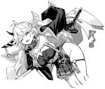  1girl asymmetrical_horns azur_lane black_gloves breasts dress fang fang_out gloves greyscale hakuryuu_(azur_lane) holding holding_sword holding_weapon hori_(hori_no_su) horns large_breasts long_hair monochrome one_eye_closed ootachi pleated_dress skindentation sword weapon wide_sleeves 