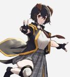  1girl animal_ears arknights bannnouyakunta black_footwear black_gloves black_hair black_jacket breasts brown_eyes brown_neckwear commentary_request dog_ears dog_girl dog_tail eyebrows_visible_through_hair fingerless_gloves gloves grey_background grey_skirt grin hair_ornament hairclip highres jacket jackie_(arknights) knee_pads large_breasts leg_up looking_at_viewer necktie open_clothes open_jacket open_mouth plaid plaid_skirt pleated_skirt shirt shirt_tucked_in short_hair simple_background skirt smile solo tail thick_eyebrows v white_shirt 