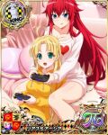  2girls ahoge asia_argento blonde_hair blue_eyes breasts card_(medium) chess_piece collarbone controller couch eyebrows_visible_through_hair green_eyes hair_between_eyes heart high_school_dxd holding holding_controller king_(chess) large_breasts long_hair long_sleeves multiple_girls official_art open_mouth pillow redhead rias_gremory sitting tongue tongue_out 