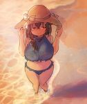  1girl artist_name beach bikini black_hair blue_bikini breasts dated frilled_skirt frills from_above hair_flaps hair_over_shoulder hat hat_tug jingei_(kancolle) kantai_collection kirisawa_juuzou large_breasts long_hair looking_to_the_side red_eyes sideways_glance skirt solo sun_hat sunset swimsuit waves 