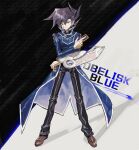  1boy aoki_(fumomo) bangs black_hair black_pants blue_coat brown_footwear card coat duel_disk full_body hair_between_eyes high_collar holding holding_card long_sleeves looking_at_viewer male_focus manjoume_jun pants simple_background smile solo spiky_hair standing two-tone_background yu-gi-oh! yu-gi-oh!_gx 