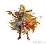  1girl absurdres arm_up arrow_(projectile) blonde_hair bow_(weapon) braid breasts circlet earrings fingerless_gloves fire_emblem fire_emblem:_genealogy_of_the_holy_war fire_emblem_heroes full_body fur_trim gladiator_sandals gloves hand_up highres hoop_earrings jewelry long_hair necklace official_art sandals shiny simple_background single_thighhigh suzuki_rika thigh-highs toeless_footwear ullr_(fire_emblem) very_long_hair weapon white_background yellow_eyes yewfelle_(fire_emblem) 
