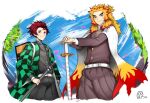  2boys belt blue_sky checkered checkered_clothing closed_mouth earrings hands_on_hilt hatching_(texture) holding holding_sheath holding_weapon jewelry kamado_tanjirou katana kimetsu_no_yaiba long_hair long_sleeves male_focus multicolored_hair multiple_boys odyssey_21 orange_hair outdoors patterned patterned_clothing petals ponytail red_eyes redhead rengoku_kyoujurou scabbard sheath signature sky smile sword tree turtleneck uniform weapon wide_sleeves 