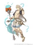  1boy abs ahoge aladdin_(sinoalice) blonde_hair blue_eyes bouquet bracer flower full_body highres holding holding_staff jewelry ji_no looking_at_viewer necklace official_art oil_lamp petals sandals shorts sinoalice smile solo square_enix staff sunglasses tattoo white_background 