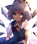 1girl bangs blue_bow blue_dress blue_eyes blue_hair bow cirno closed_mouth collar dress eyebrows_visible_through_hair eyes_visible_through_hair hair_between_eyes highres ice ice_wings light looking_at_viewer mozuno_(mozya_7) puffy_short_sleeves puffy_sleeves red_bow red_neckwear shadow shirt short_hair short_sleeves simple_background smile solo teeth touhou white_background white_shirt white_sleeves wings 