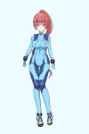  1girl bangs blue_background blue_bodysuit bodysuit breasts cosplay eyebrows_visible_through_hair heterochromia highres hololive houshou_marine izu_(tea_value_lord) medium_breasts metroid open_hands ponytail red_eyes redhead samus_aran samus_aran_(cosplay) smile solo virtual_youtuber yellow_eyes zero_suit 