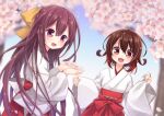  2girls alternate_costume bangs blush cherry_blossoms commission day hair_between_eyes hakama japanese_clothes kantai_collection kisaragi_(kancolle) long_hair long_sleeves looking_at_viewer miko multiple_girls mutsuki_(kancolle) nagasioo open_mouth outdoors petals purple_hair red_eyes red_hakama redhead short_hair skeb_commission violet_eyes wide_sleeves 
