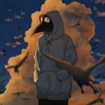  1other ambiguous_gender bird blue_sky blurry blurry_foreground clouds collarbone commentary cowboy_shot dusk hands_in_pockets highres hood hood_up hoodie ikura_donburi_(mmom_x) original plague_doctor_mask sky solo star_(sky) starry_sky white_hoodie 