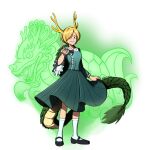  1girl antlers blonde_hair blue_bow blue_shirt bow brown_eyes dragon dragon_horns dragon_tail eyebrows_visible_through_hair frilled_sleeves frills giantcavemushroom green_skirt highres horns kicchou_yachie looking_at_viewer outstretched_arm scales shirt shoes short_hair skirt socks tail touhou twitter_username white_legwear wily_beast_and_weakest_creature 