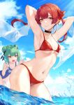  2girls absurdres armpits arms_behind_head arms_up bare_arms bare_shoulders bikini black_choker blue_sky breasts choker contrapposto day double_bun drooling green_hair grin hair_ribbon heterochromia highres hiki_niito hololive houshou_marine long_hair looking_at_viewer medium_breasts multiple_girls navel one-piece_swimsuit orange_eyes outdoors red_bikini red_eyes redhead ribbon school_swimsuit shawl short_hair sky smile sparkling_eyes stomach string_bikini sunlight swimsuit thighs twintails uruha_rushia virtual_youtuber wading water wet 