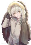  1boy :d arm_up bangs blush brown_coat brown_eyes brown_pants coat collared_shirt commentary_request cowboy_shot crossed_bangs csyday eyebrows_behind_hair fumetsu_no_anata_e fur-trimmed_hood fur_trim hair_between_eyes hair_over_face hood hood_up hooded_coat long_sleeves looking_at_viewer male_focus messy_hair nose_blush open_mouth pants sanpaku shirt short_hair sidelocks simple_background smile solo tsurime twitter_username white_background white_hair white_shirt 