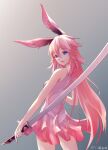  1girl :d animal_ears back bangs breasts dress fox_ears grey_background hair_between_eyes holding holding_sword holding_weapon honkai_(series) honkai_impact_3rd katana long_hair looking_at_viewer looking_back open_mouth pink_dress sideboob sleeveless smile solo sword violet_eyes weapon xiaochentan yae_sakura 